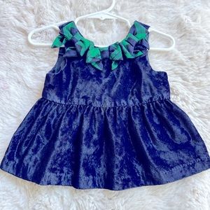 Janie and Jack Blue Crushed Velvet Peplum Top with Tartan/plaid Bows